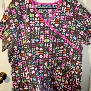 Brown Scrub Top With Flower Pattern